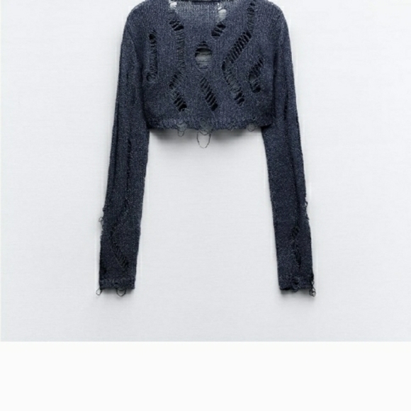 Zara Black Distressed Knit Crop Sweater - Picture 3 of 6